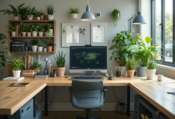 a modern and inspiring home office with comfortable chair, and a multitude of houseplants