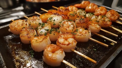 Grilled seafood skewers on pan, featuring shrimp and scallops, garnished with fresh herbs.