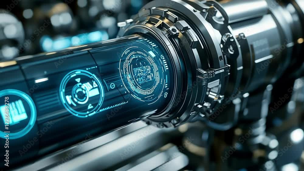 Poster futuristic industrial pipeline with transparent section displaying holographic monitoring data and c