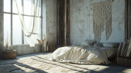 A calming Wabi-Sabi bedroom in neutral tones, with macram hanging art, a cozy rug, and natural wood furnishings.