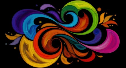 Fototapeta premium Abstract Swirls of Color: A vibrant digital illustration of swirling abstract shapes in a rainbow of colors against a dark background. The composition is a blend of organic and geometric forms.