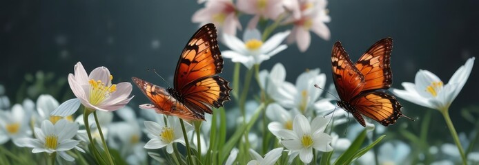 Butterfly perched on a delicate flower with snowdrop-like petals in shades of garnet and aquamarine, leaf, garnet, branch