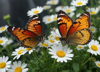 Fototapeta premium Butterfly sipping nectar from a feverfew flower, wildflowers, plant, flowers