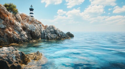 Coastal Lighthouse on Rocky Cliffs Overlooking the Turquoise Sea with Blue Sky and Clouds