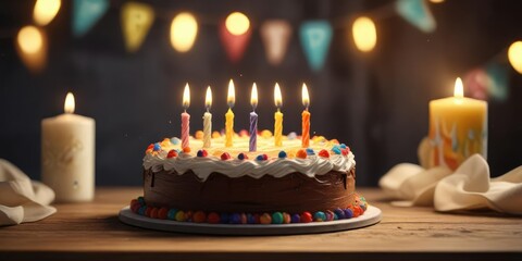 Cake decorated with happy birthday banner and candles, occasion, milestone, cheer