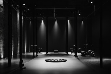 Dark, minimalist gym interior with weightlifting equipment.