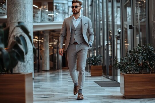 Confident businessman walking through a modern office lobby with stylish decor and plants