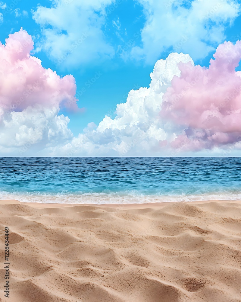 Wall mural a serene beach scene with soft sand, calm waves, and fluffy pink and white clouds against a bright b