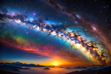Fototapeta premium stunning view of colorful galaxy with sunset over mountains