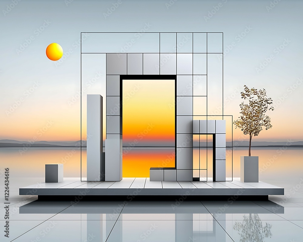 Poster modern architectural display featuring geometric structures, a tree, and a sunset background, creati