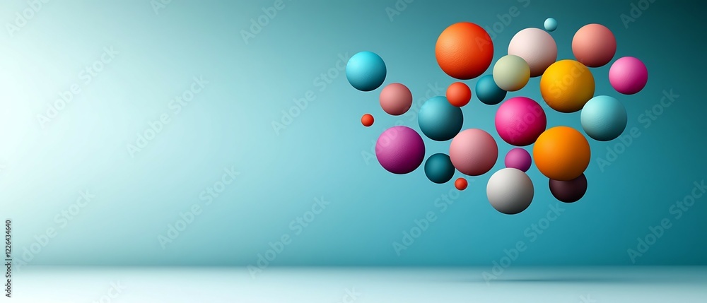 Poster colorful spheres float against a soft blue background, creating a vibrant and dynamic visual effect.