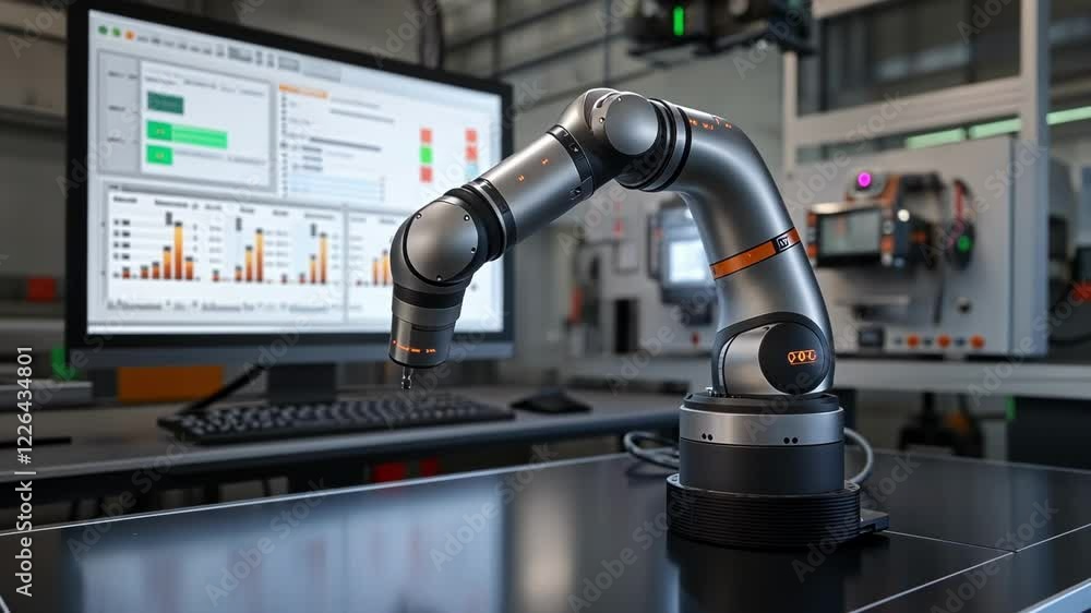 Poster modern robotic arm analyzing data displayed on a computer screen, optimizing efficiency and precisio