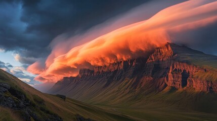Fototapeta premium Majestic Sunset Timelapse: Illuminating Mountain Landscapes with Moving Clouds