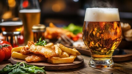 Savoring Classic Comfort: Fish and Chips with Beer in Cozy Pub Ambiance