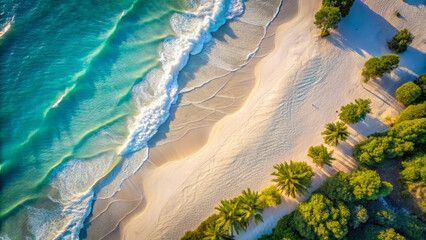Aerial view of pristine beach with turquoise water and lush greenery