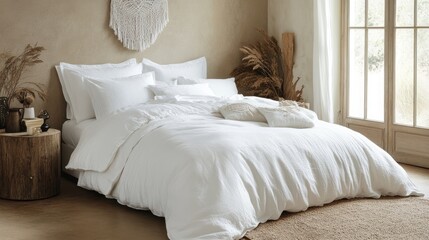 A cozy Wabi-Sabi bedroom showcasing white bedding, beige walls, macram art, and a wooden nightstand.