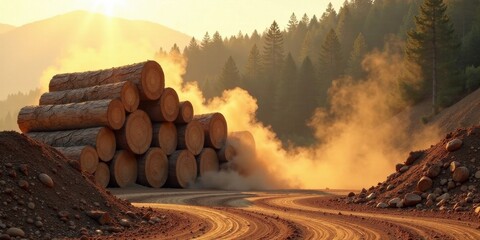 A stack of freshly harvested logs creates a dust cloud as it's transported along a dirt road, bathed in the golden light of the setting sun, amidst a serene forest landscape.