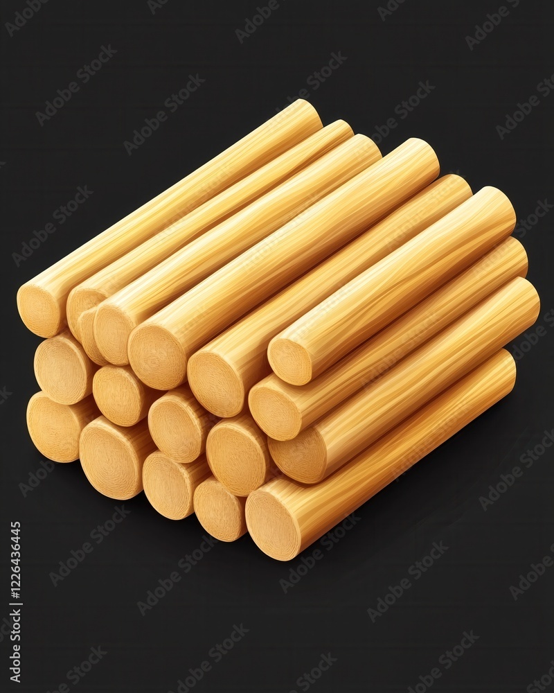 Poster stacked wooden dowels on dark background creating a geometric pattern with warm tones