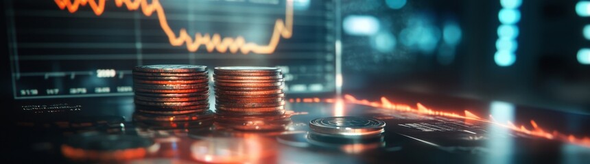 Financial analysis with coins and documents on an office table demonstrating money trends in a business environment