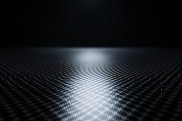 Close-up of illuminated carbon fiber texture, showcasing its intricate pattern under soft light on a dark background. Concept of innovation and technology. Ai generative