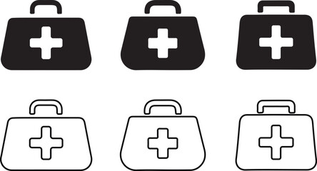 Obraz premium Medical first aid kit icons in black and white outline