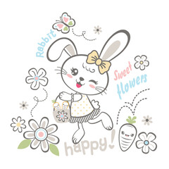 Cute rabbit vector surrounded by vibrant flowers and small insects, creating a charming and peaceful nature scene
