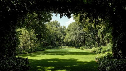 Fototapeta premium Lush green lawn in a sunny park framed by a dark archway of leafy trees during a bright summer day.