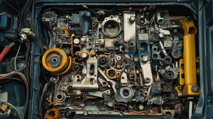 A detailed view of a gearbox partially disassembled, revealing intricate internal components.