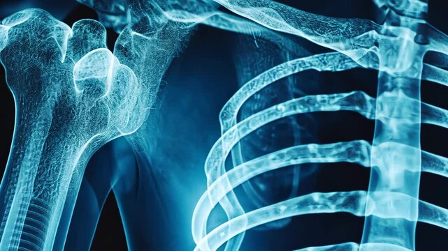 Detailed view of human skeletal system highlighting the shoulder joint and ribcage anatomy