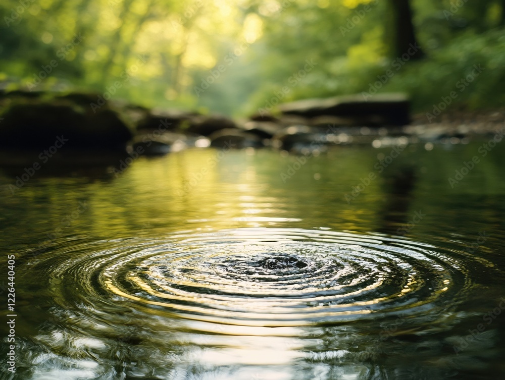 Poster ripples on a calm pond surface in a forest with sunlight filtering through the trees