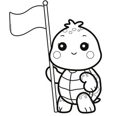 Cute Baby Turtle Holding a Beach Flag Line Art