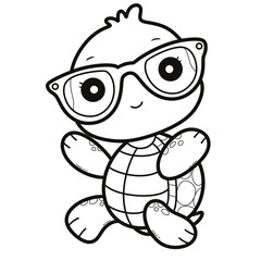 Baby Turtle with Glasses Line Art, Cartoon turtle Coloring page