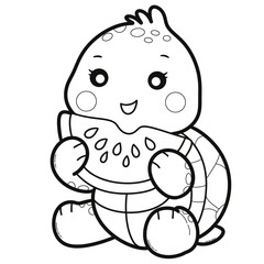 Cute Baby Turtle Eating Watermelon Line Art
