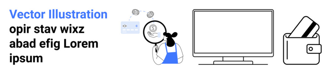 Thoughtful character holding a magnifying glass examines a document next to a computer monitor and a wallet with cards. Ideal for finance, research, analysis, e-commerce, technology, data privacy