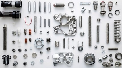 Obraz premium A flat lay of automotive components including spark plugs, bolts, and engine parts on a clean workshop table.