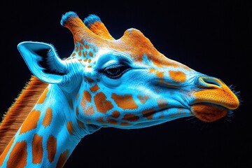 Giraffe portrait with orange spots on blue skin against a dark background artistic animal