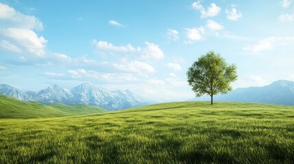Obraz premium Green grassy hill with a tree and mountains in the background under a cloudy sky