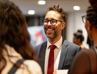 Naklejka premium Smiling businessman engaging in conversation at a networking event