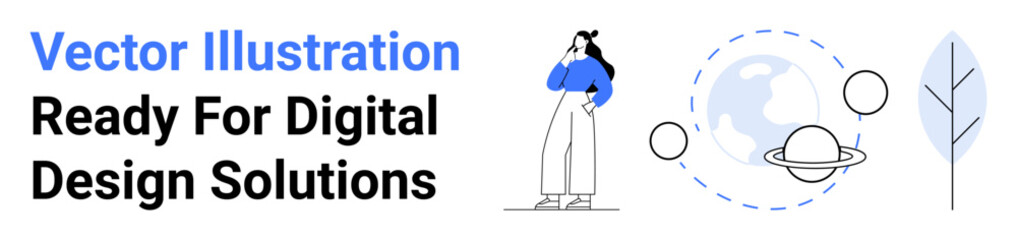 Woman pondering stance, global connection icons with planet, orbits, abstract leaf. Ideal for digital solutions, branding, technology, strategy, creativity education flat landing page banner