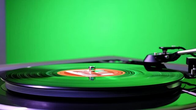 A turntable with a black record turning slowly. Green screen chromakey.