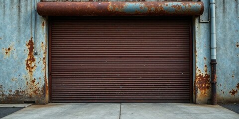 Rusty Exterior Wall with Closed Brown Roll-Up Door and Aged Concrete Ground