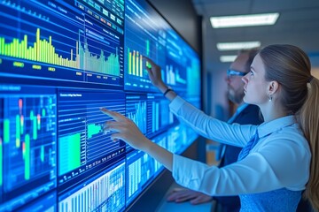 Business Professionals Analyzing Data on Modern Digital Screens