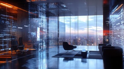 Fototapeta premium Modern Office with Data Walls and City View at Dusk, futuristic architecture and design