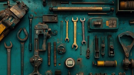 Obraz premium A flat lay of maintenance tools including pipe wrenches, gaskets, and a diagnostic meter.