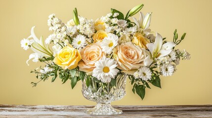 Obraz premium A beautiful floral arrangement with lilies, roses and daisies in a crystal vase, on a wooden table with a pale yellow background.