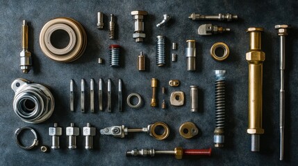 A flat lay of repair parts, including gaskets, pipe connectors, and a diagnostic tool.