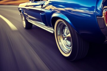Classic Blue Sports Car in Motion on a Scenic Road