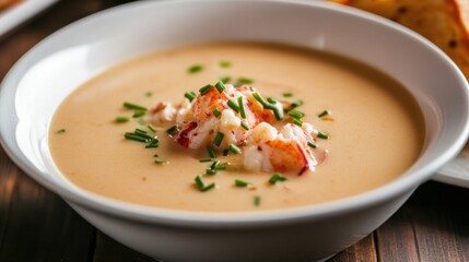 A creamy lobster bisque with a touch of brandy and a garnish of fresh chives, served in a white bowl, Bisque centered