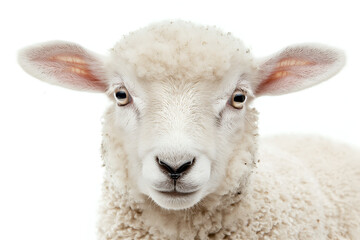 Obraz premium Close up of portrait white Sheep isolated on white background.