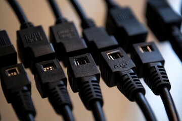 Naklejka premium Close-Up of Black USB Cables Aligned on a Surface Background